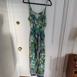 SHEIN Green and Blue Leaf Print Jumpsuit